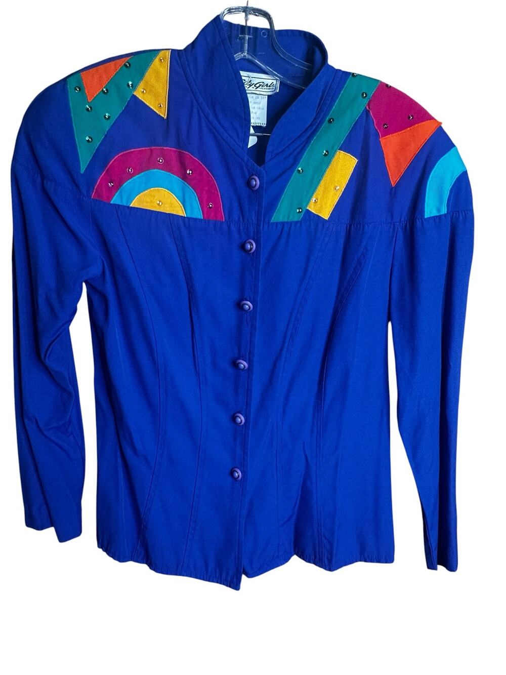 Vintage 80s 90s Cobalt Blue Colorblock Beaded Art to Wear Button Down Blouse